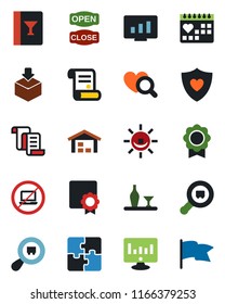 Color and black flat icon set - no laptop vector, contract, statistic monitor, heart diagnostic, shield, medical calendar, package, search cargo, application, sertificate, warehouse, alcohol, flag