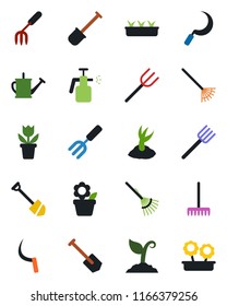 Color and black flat icon set - job vector, flower in pot, garden fork, shovel, farm, rake, watering can, sproute, seedling, sickle, sprayer