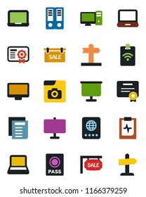 Color and black flat icon set - passport vector, office binder, notebook pc, document, pulse clipboard, signpost, monitor, laptop, photo gallery, presentation board, sale, pass card, certificate