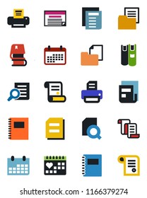 Color and black flat icon set - contract vector, document search, calendar, printer, medical, folder, copybook, news, book, schedule