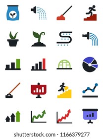 Color and black flat icon set - seedling vector, watering, sproute, hoe, greenhouse, fertilizer, drip irrigation, bar graph, pie, point, career ladder, arrow up, growth, presentation