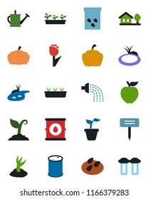 Color and black flat icon set - seedling vector, watering can, sproute, plant label, pumpkin, seeds, pond, tulip, oil barrel, house with tree, apple fruit, water filter
