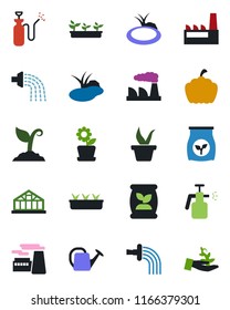 Color and black flat icon set - factory vector, seedling, watering can, sproute, pumpkin, greenhouse, pond, garden sprayer, fertilizer, flower in pot, palm