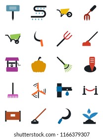 Color and black flat icon set - fence vector, garden fork, farm, rake, wheelbarrow, well, hoe, sickle, plant label, pumpkin, drip irrigation, windmill