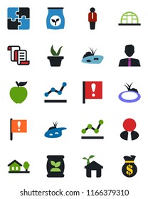 Color and black flat icon set - manager vector, contract, seedling, greenhouse, pond, fertilizer, important flag, application, point graph, house with tree, estate agent, apple fruit, eco, money bag