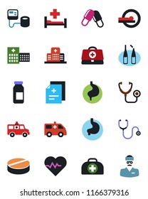 Color and black flat icon set - heart pulse vector, doctor case, diagnosis, stethoscope, blood pressure, pills, ampoule, tomography, ambulance car, hospital bed, stomach