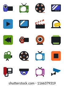 Color and black flat icon set - ticket office vector, clapboard, reel, tv, video camera, play button, stop, rewind, hdmi, web, intercome, surveillance