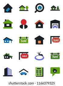 Color and black flat icon set - office building vector, pond, contract, house, with garage, tree, sale, rent, sold signboard, estate search, agent, smart home, message