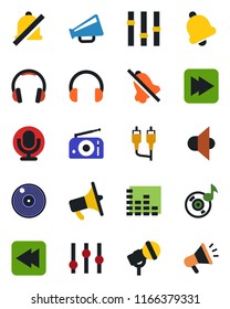 Color and black flat icon set - vinyl vector, microphone, radio, speaker, loudspeaker, settings, equalizer, headphones, fast forward, rewind, rca, bell, mute, music, advertising