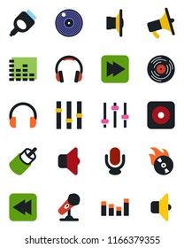 Color and black flat icon set - vinyl vector, flame disk, microphone, speaker, loudspeaker, settings, equalizer, headphones, fast forward, rewind, rec button, rca, hdmi, tuning, sound