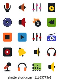 Color and black flat icon set - vinyl vector, flame disk, microphone, radio, speaker, settings, equalizer, headphones, play button, stop, rewind, rec, tuning, bell, sound