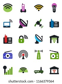 Color and black flat icon set - antenna vector, satellite, wireless notebook, office phone, radio, remote control, cellular signal, lock, router, garage gate