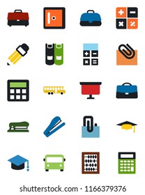 Color and black flat icon set - airport bus vector, checkroom, book, calculator, graduate, abacus, presentation board, case, paper clip, pencil, stapler