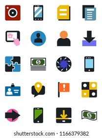 Color and black flat icon set - right arrow vector, mobile phone, identity card, document, important flag, cash, tracking, cell, camera, user, download, application, home control app