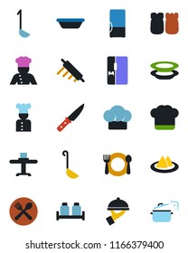 Color and black flat icon set - fridge vector, cook, restaurant table, serviette, cafe, hat, plates, waiter, salt and pepper, ladle, bowl, rolling pin, knife, steaming pan