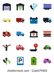 Color and black flat icon set - dispatcher vector, airport bus, parking, ambulance car, route, railroad, truck trailer, delivery, heavy scales, garage, gate control, battery