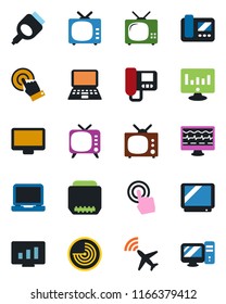 Color and black flat icon set - plane radar vector, notebook pc, statistic monitor, pulse, tv, touch screen, laptop, hdmi, intercome