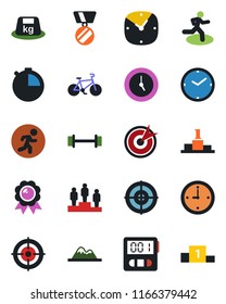 Color and black flat icon set - pedestal vector, medal, barbell, bike, run, heavy, clock, stopwatch, target, mountains