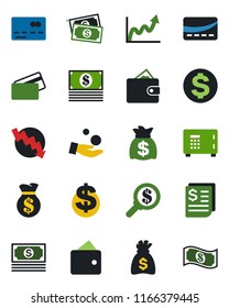 Color and black flat icon set - credit card vector, safe, dollar sign, money bag, crisis graph, cash, receipt, wallet, growth, search, investment