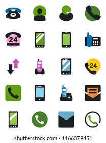 Color and black flat icon set - phone vector, mobile, office, 24 hours, support, cell, radio, call, mail, data exchange