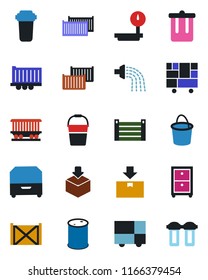Color and black flat icon set - trash bin vector, bucket, watering, railroad, truck trailer, cargo container, consolidated, package, oil barrel, heavy scales, archive box, water filter