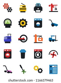Color and black flat icon set - washer vector, fork loader, gear, ripper, lawn mower, tomography, printer, copier, crane, water filter, combination lock