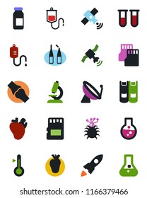 Color and black flat icon set - satellite antenna vector, book, blood test vial, dropper, microscope, ampoule, real heart, joint, virus, sd, thermometer, rocket, flask