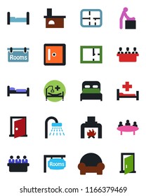 Color and black flat icon set - baby room vector, bed, shower, checkroom, meeting, fireplace, hospital, plan, rooms, bedroom, cushioned furniture, door