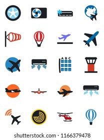 Color and black flat icon set - plane vector, airport tower, radar, departure, wind, helicopter, seat map, globe, air conditioner, fan, balloon