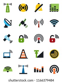 Color and black flat icon set - antenna vector, wireless notebook, border cone, radar, satellite, equalizer, mute, cellular signal, lock