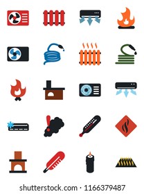 Color and black flat icon set - fire vector, hose, fireplace, thermometer, heater, air conditioner, candle, smoke detector, radiator, warm floor