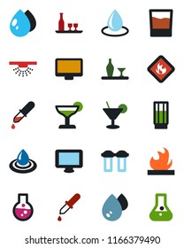 Color and black flat icon set - water drop vector, dropper, flammable, monitor, alcohol, drink, cocktail, filter, sprinkler, flask