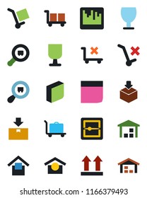 Color and black flat icon set - baggage trolley vector, fragile, cargo, warehouse storage, up side sign, no, package, search, scanner, blank box