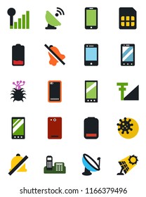 Color and black flat icon set - mobile phone vector, virus, satellite antenna, cell, low battery, back, sim, mute, cellular signal, office, sun panel