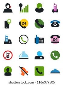 Color and black flat icon set - phone vector, no mobile, reception bell, office, 24 hours, support, tracking, radio, call, mute, cellular signal