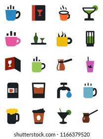 Color and black flat icon set - hot cup vector, coffee machine, water supply, alcohol, wine card, drink, cocktail, phyto bar, beer, turkish