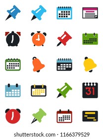 Color and black flat icon set - alarm clock vector, drawing pin, calendar, term, paper, bell, schedule