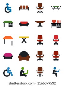 Color and black flat icon set - waiting area vector, disabled, office chair, desk, picnic table, cushioned furniture, man with notebook
