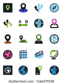 Color and black flat icon set - globe vector, seat map, route, navigation, earth, pin, mobile tracking, network, place tag, compass