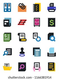 Color and black flat icon set - stamp vector, office binder, document search, reload, printer, contract, receipt, paper clip, news, folder, checklist, tray, archive box