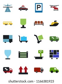 Color and black flat icon set - runway vector, baggage trolley, airport bus, parking, waiting area, alarm car, helicopter, sea shipping, delivery, container, consolidated cargo, fragile, moving
