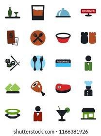 Color and black flat icon set - spoon and fork vector, waiter, cook, dish, alcohol, cafe, reserved, drink, cocktail, plates, salt pepper, restaurant receipt, steak, ham, bowl, sushi, serviette