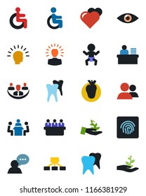 Color and black flat icon set - baby vector, meeting, heart, disabled, real, tooth, eye, speaker, group, fingerprint id, company, manager desk, palm sproute, shining head, hierarchy