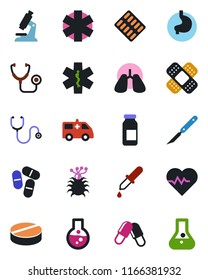 Color and black flat icon set - heart pulse vector, stethoscope, dropper, microscope, pills, blister, ampoule, scalpel, patch, ambulance star, car, stomach, lungs, virus, flask