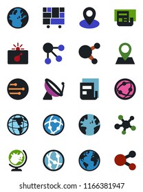 Color and black flat icon set - satellite antenna vector, bomb in case, globe, earth, pin, consolidated cargo, network, share, news, social media