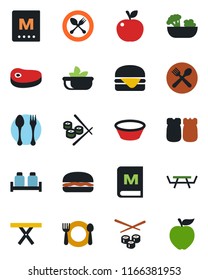 Color and black flat icon set - spoon and fork vector, picnic table, cafe, menu, salad, salt pepper, steak, hamburger, bowl, sushi, apple fruit