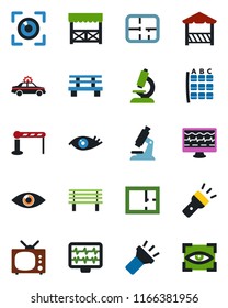 Color and black flat icon set - barrier vector, alarm car, seat map, bench, monitor pulse, microscope, eye, torch, plan, tv, alcove, scan