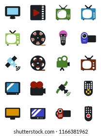 Color and black flat icon set - tv vector, reel, satellite, video camera, remote control, monitor