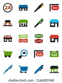 Color and black flat icon set - 24 around vector, shop, pen, store, search cargo, sale, sold signboard, cafe building, open close, cart, storefront
