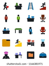 Color and black flat icon set - manager vector, desk, place, ladder, folder, career, cook, office chair, case